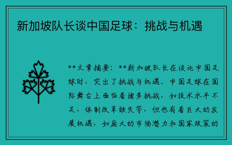 新加坡队长谈中国足球：挑战与机遇