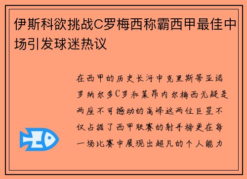 伊斯科欲挑战C罗梅西称霸西甲最佳中场引发球迷热议